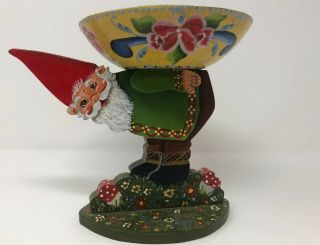 Gnome Folk Art Decor Wood Cut Out With Bowl Hand Painted By Helga 7 " Tall