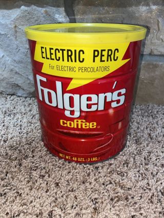Vintage Folgers Metal Coffee Can With Lid 3 Lbs Mountain Grown Electric Perc