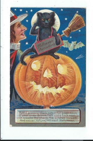 Vintage Halloween Postcard Post Card Witch Black Cat Pumpkin Series 2
