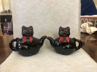 Japan Vintage 1950s Black Cat Green Eyes Teapot Salt Pepper Shakers Gothic