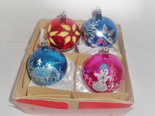 4 Fancy Poland Hand Painted & Glittered Mercury Glass Christmas Ornaments