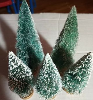 5 Vintage Christmas Flocked Bottle Brush Trees 3 1/2 " & 4 3/4 "