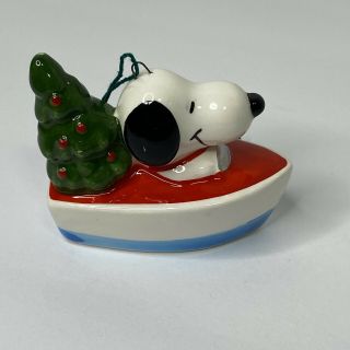 Vintage Snoopy In Boat With Christmas Tree Ornament Peanuts Japan