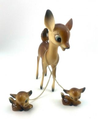 7 " Vintage Hard Plastic Big Eye Deer Doe 2 Babies W Chain Figurines Xmas