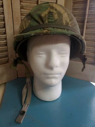 Vietnam War Us Army M1 Steel Helmet And Liner Camo Cover & Elastic Band