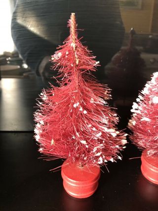 2 Red Vintage Christmas PUTZ BOTTLE BRUSH TREES Turned Wooden Pots 2