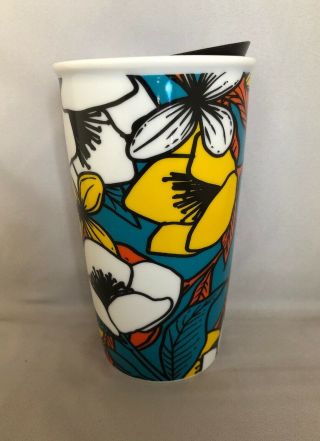 Starbucks White,  Yellow,  Red Floral Ceramic Travel Cup 12 Oz.  2019.  Nwt
