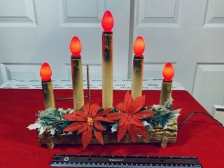 Vintage Christmas Blow Mold Plastic Table Top Lighted Yule Log 5 Candle W/floral