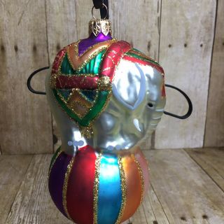 Vintage Blown Glass Christmas Ornament Circus Elephant On Ball Glitter Poland