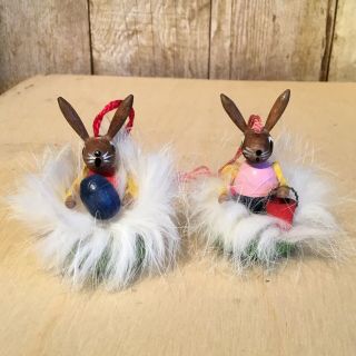Set 2 Vintage German Wood Easter Feather Tree Bunny Ornaments With Fur
