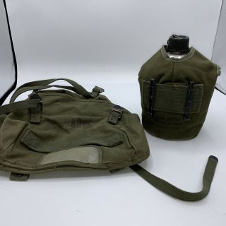 Us Military Issue Vietnam Era Water Canteen With Pouch Od Green Canvas And Bag