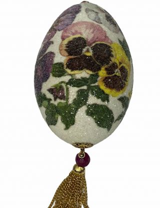 La Petite Decor Pansy Easter Egg Glitter Display Ornament 4” X 2 1/2” Vintage