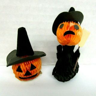 Vintage Halloween Honeycomb Paper Witch And Jack O Lantern Pumpkin Made In Japan