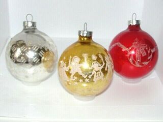 Vtg Christmas Mercury Glass Balls Stencil Ornament Children Red 2 1/2d X 3 1/4 " H