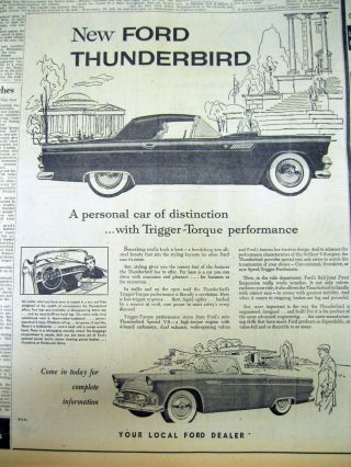 1954 Newspaper With Large Illustrated Ad For The 1st Ford Thunderbird Automobile