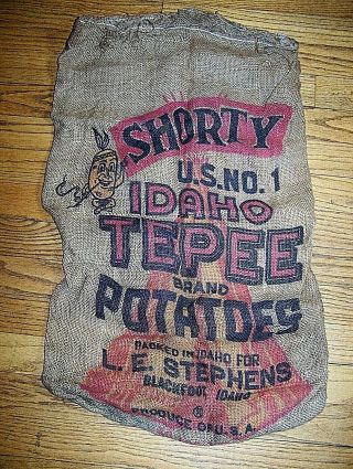 Vintage Shorty Idaho Tepee 50 Lbs Burlap Potato Sack Bag Advertising