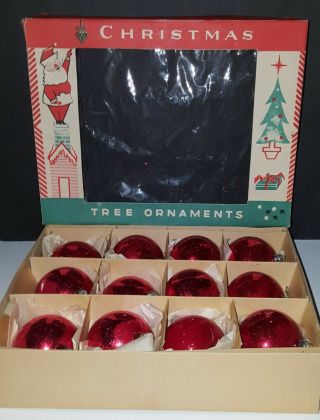 Vintage Polish Glass Christmas Ball Ornaments 12 Ct Box Shiny Red Fantasia Brand