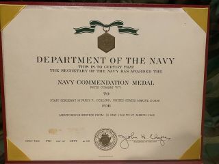 Vietnam War Usmc Navy Commendation Medal Certificate W Combat V Named 1968 - 69