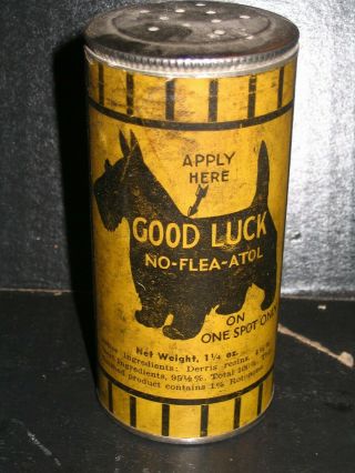 Good Luck No Flea Atol Vintage Dog Flear Powder Tin Black Scottie Dog Denver Co