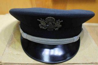 1960s Berkshire Deluxe Usaf Officers Black Dress Visor Cap W/ Box And Cover