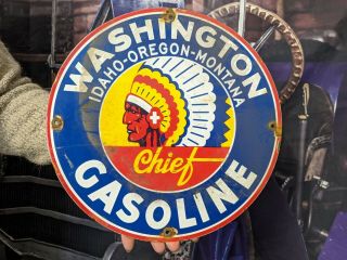 Old Vintage Washington Indian Chief Gasoline & Motor Oils Porcelain Gas Sign