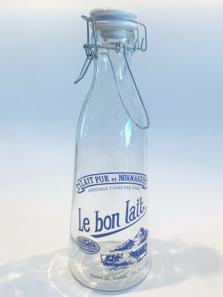 Vintage Le Bon Lait Large Glass Milk Bottle With Spring Porcelain Wire Top Euc