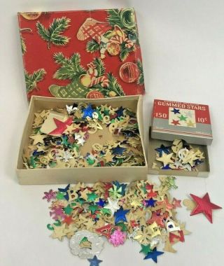 Vintage Christmas Gummed Seals Die Cut Metal Foil Stickers Stars Decoration