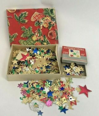 Vintage Christmas Gummed Seals Die Cut Metal Foil Stickers Stars Decoration 2