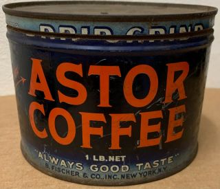 Vintage Coffee Tin Astor Blue Red Old 1 Pound B Fisher & Co Ny 5 Inch Across