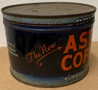 Vintage Coffee Tin Astor blue red old 1 pound B Fisher & Co NY 5 inch across 2