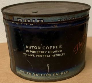 Vintage Coffee Tin Astor blue red old 1 pound B Fisher & Co NY 5 inch across 3