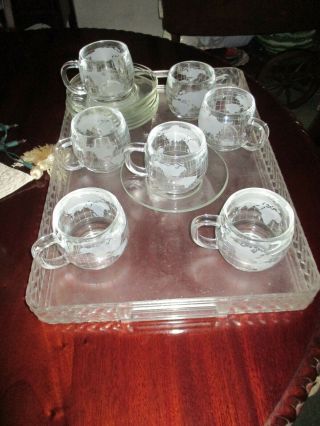 7 Vintage Nestle Nescafe Etched Glass World Globe Coffee Cups & Saucers