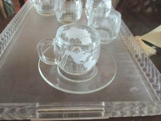 7 Vintage Nestle Nescafe Etched Glass World Globe Coffee Cups & Saucers 2