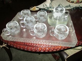 7 Vintage Nestle Nescafe Etched Glass World Globe Coffee Cups & Saucers 3