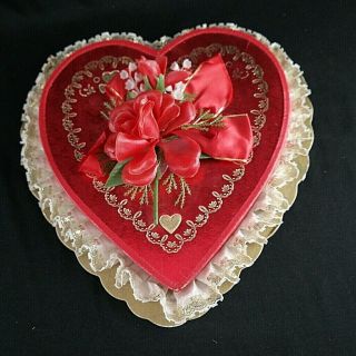 Vintage Red Heart Shaped Valentines Candy Box Satin Ribbon Plastic Flowers Lace
