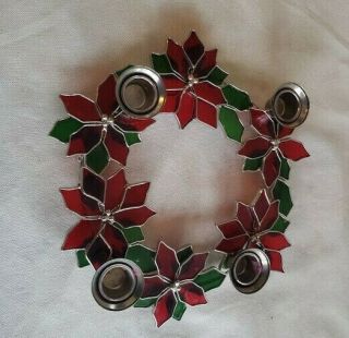 Stained Glass Poinsettia Christmas Advent Wreath Candle Holder 9.  5 Inch Diameter