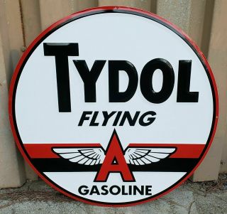 Tydol Flying A Gasoline Gas Oil 24 " Large Embossed Round Metal Tin Sign