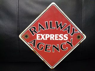 Old Vintage Railway Express Agency Porcelain Sign Warning Trains Engine Route