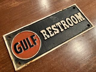Gulf Oil Licensed Vintage Restroom Sign.  Cast Iron Embossed - Hand Painted.