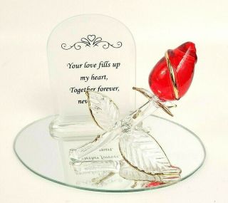 Hand Blown Red Glass Rose Gold Trim Mirror Base Valentine Love Anniversary Gift
