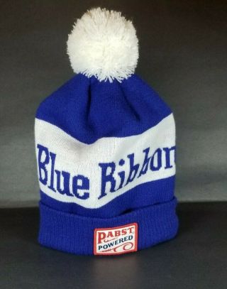 Pabst Blue Ribbon Beer Winter Hat Beanie Pom Pom Pabst Powered Blue & White