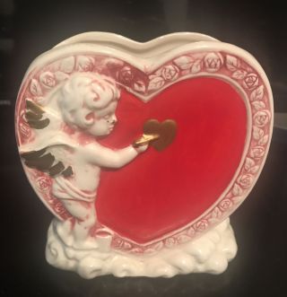 Vtg Lefton Valentine Planter Vase Big Red Heart Cupid Gold Gilt Rose Love