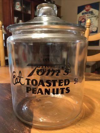 Vtg40s Eat Toms Toasted Peanuts 5cents Advertising Store Display Glass Jar W Lid