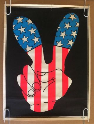 Peace Sign Fingers Vintage Blacklight Poster American Flag Psychedelic