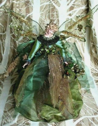 Woodland Fairy Angel Green & Gold Porcelain & Beaded 16 " Christmas Tree Topper