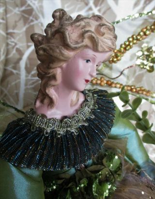 Woodland Fairy Angel Green & Gold Porcelain & Beaded 16 