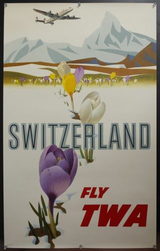 C.  1955 Fly Twa Switzerland By David Klein Vintage Airline Travel Poster