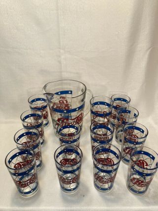 Vintage Retro Pepsi Cola Stained Glass Design Pitcher W/ 13 Glasses E3