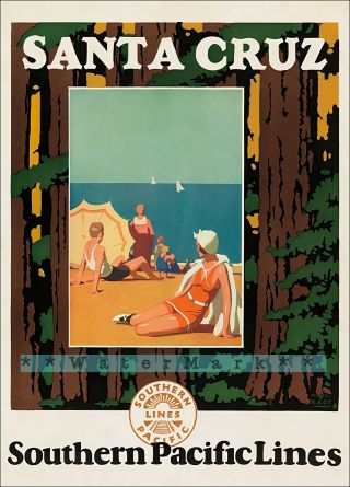 Southern Pacific 1933 Santa Cruz Ca.  Vintage Poster Print Retro Style Train Art
