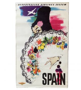 Vintage 1960’s Spain Otto Neilsen For Sas Travel Poster Scandinavian Airlines